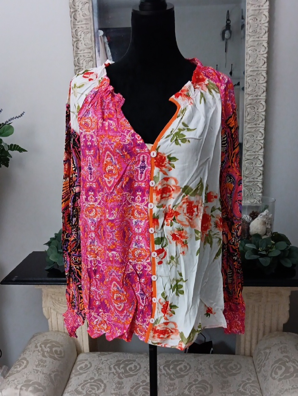 Women’s Mixed-Print Button Front Blouse - Pink & White